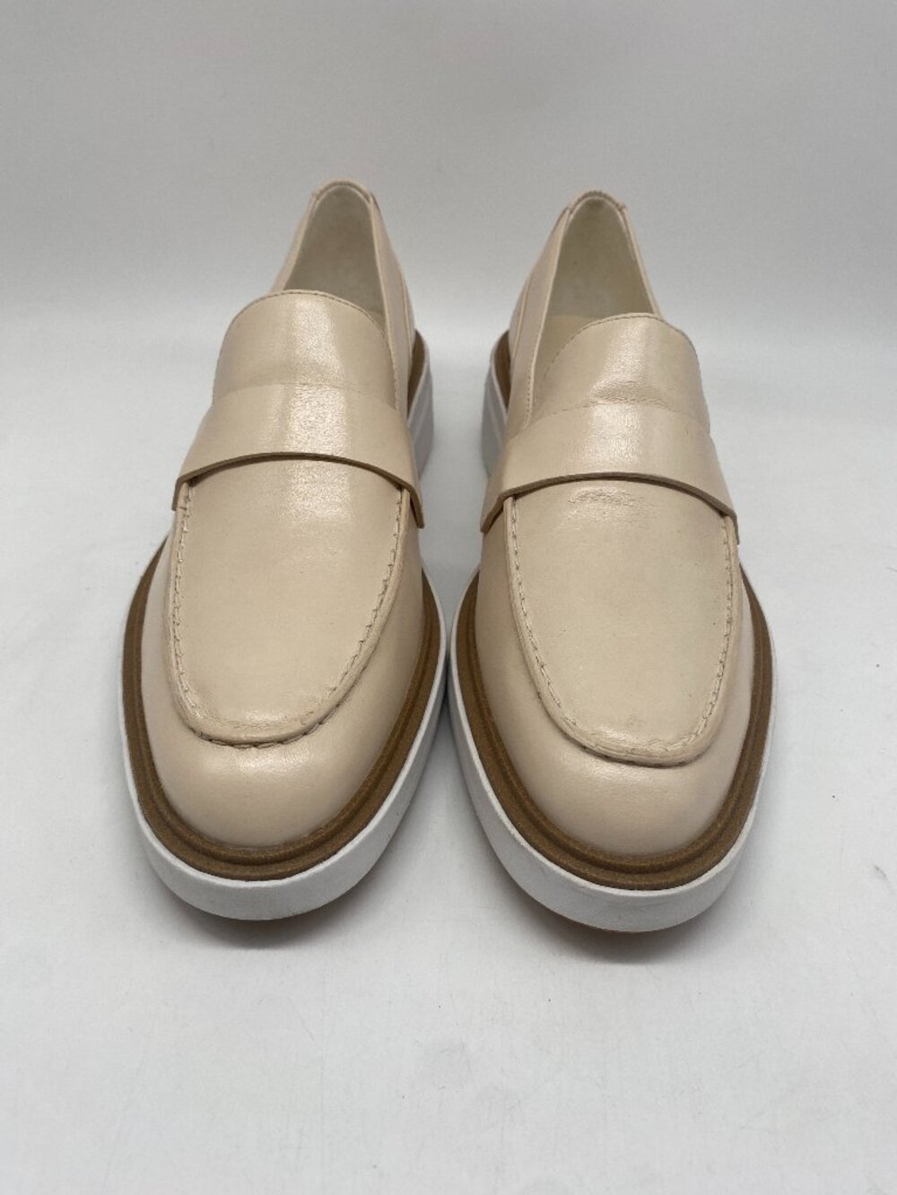 Women's Beige Leather Loafer Shoes Slip-On Flats